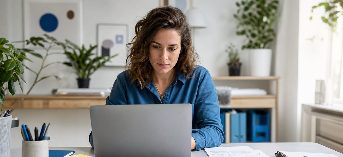 Honorarrechnung: Freiberufliche Designerin erstellt am Laptop eine Rechnung für ein Projekt