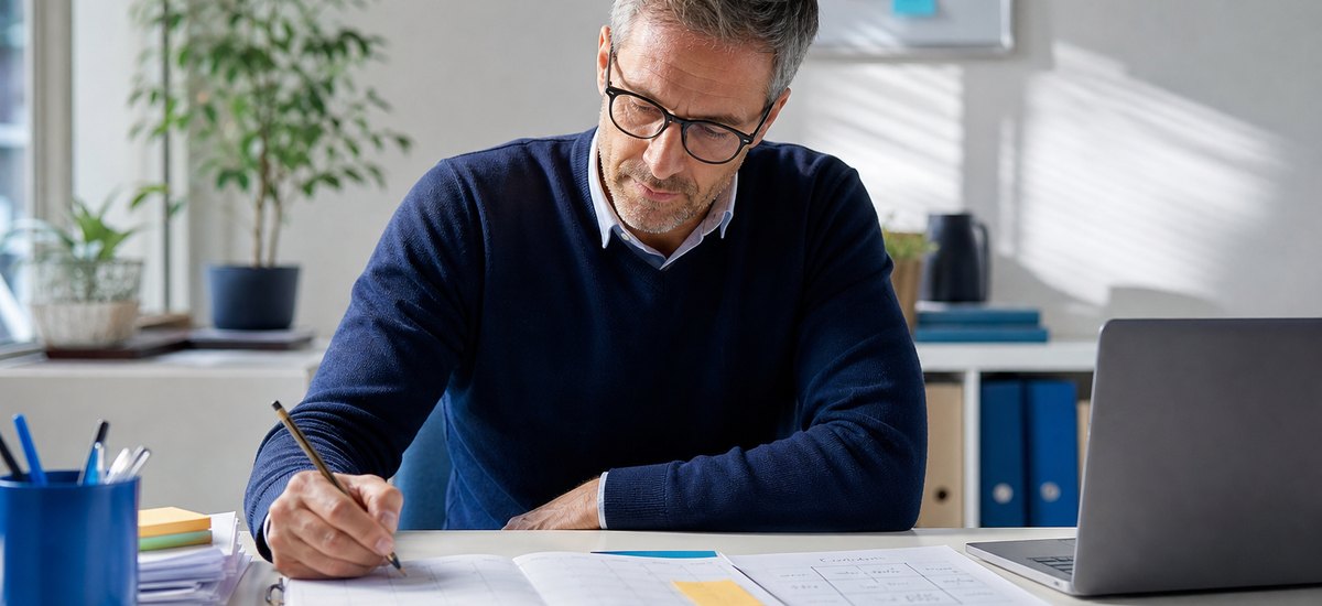 Rückstellungen bilden: Unternehmer plant Rücklagen mit Kalender und Rechnungsstapel