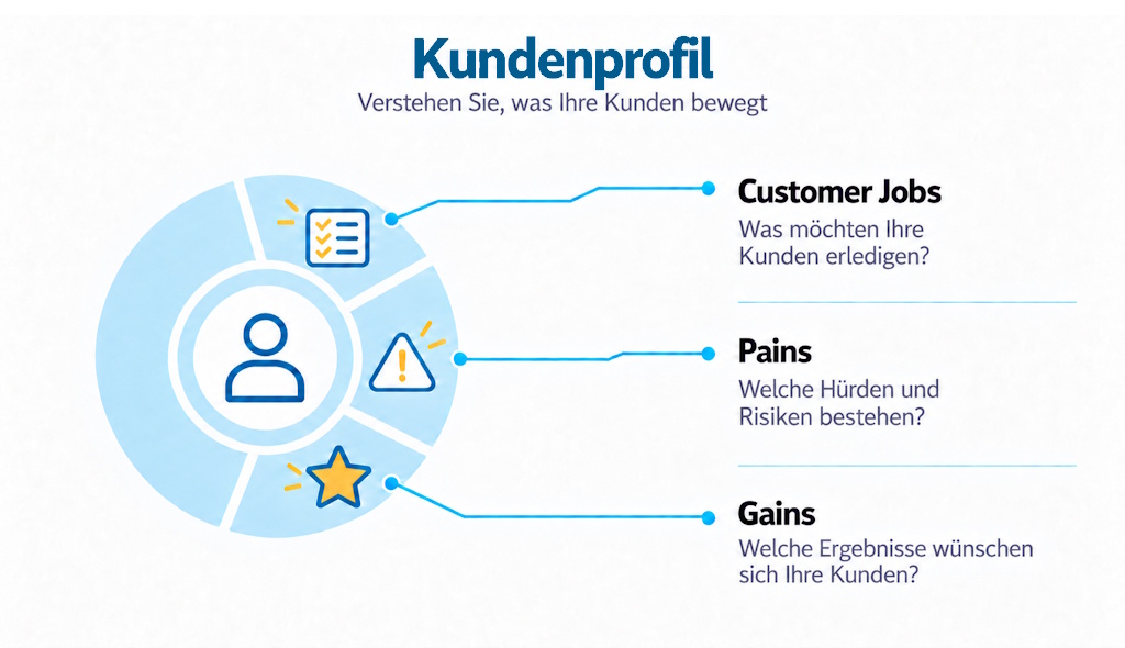 Value Proposition Canvas: Kundenprofil mit Customer Jobs, Pains und Gains – Aufgaben, Probleme und gewünschte Ergebnisse.
