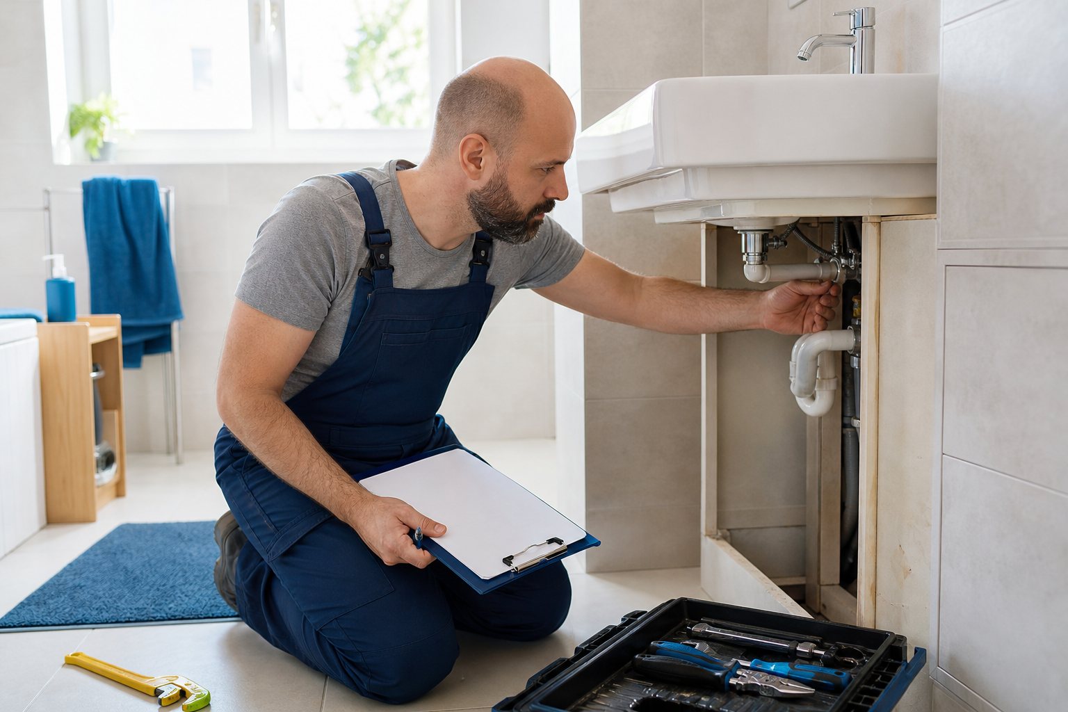 Sanitärinstallateur begutachtet die Rohre unter einem Waschbecken für einen Kostenvoranschlag.